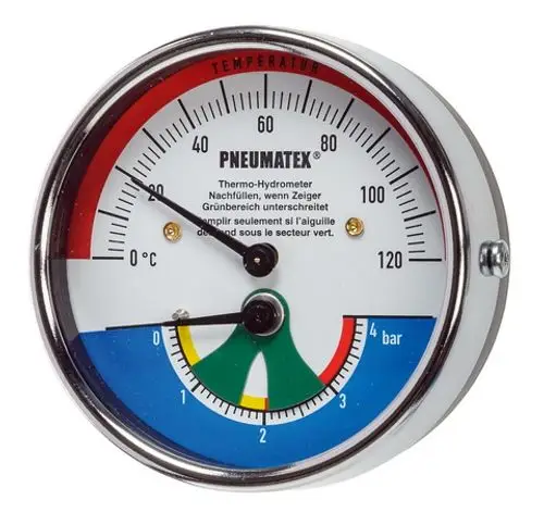 Thermohydrometer mit zwei Skalen für Temperatur und Druck. Das Gerät zeigt Werte bis 120 Grad Celsius und 4 bar an. Marke: IMI Hydronic Engineering.